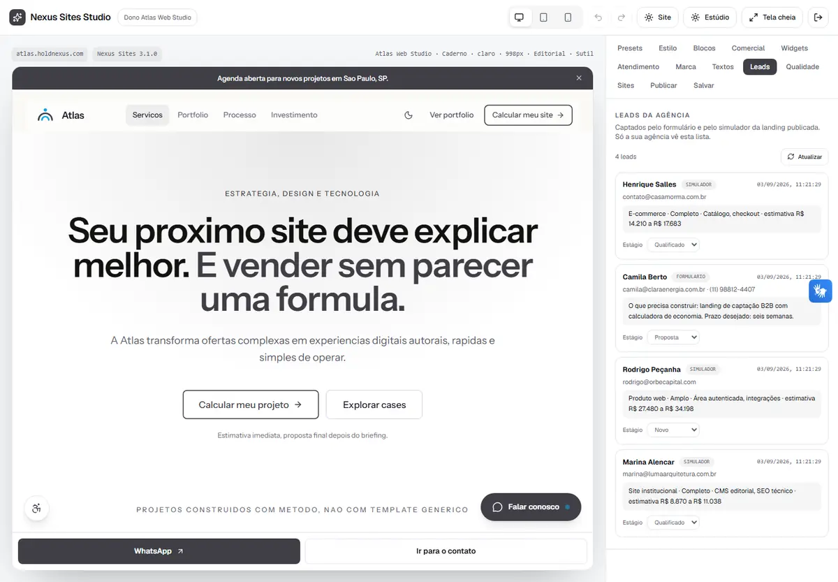 Aba de leads no Studio, com nome, origem, estimativa e o estágio comercial de cada contato.