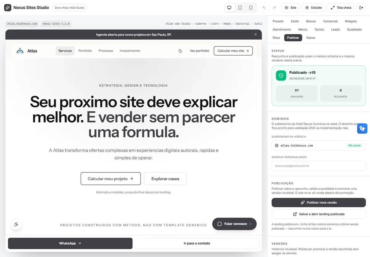 Painel de publicação com nota de qualidade 97, zero bloqueios, subdomínio pronto e botão de publicar nova versão.