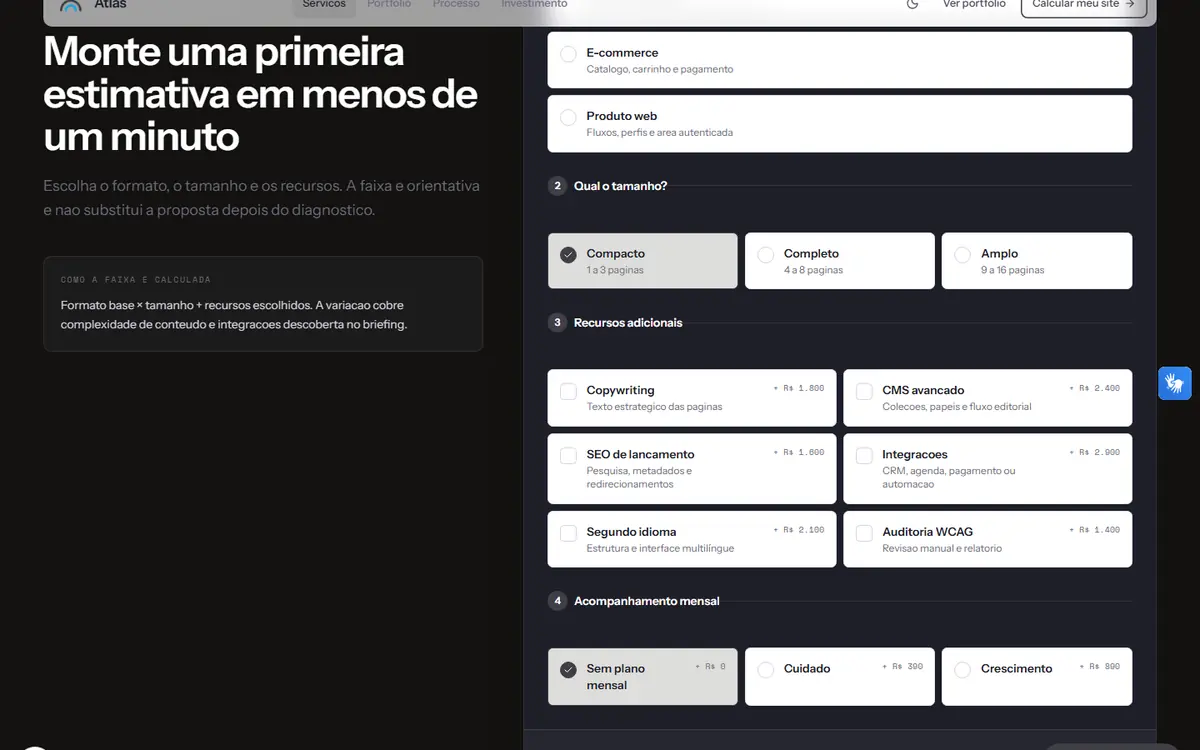 Simulador de orçamento com formato, tamanho, recursos adicionais e a faixa estimada em reais.