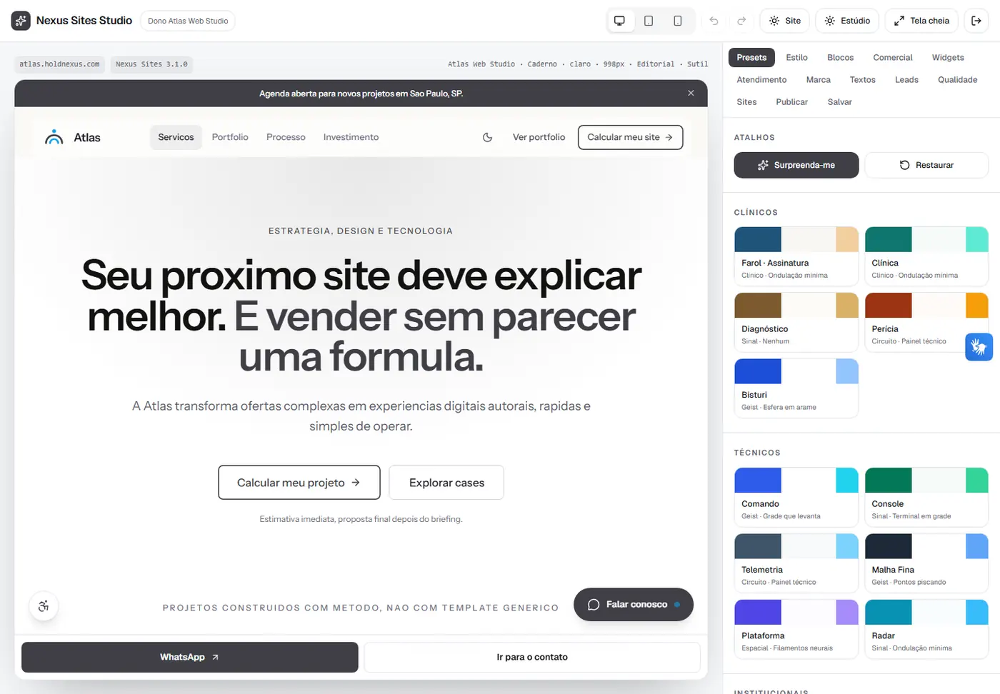 Studio aberto: painel de presets à direita e prévia da landing da agência Atlas à esquerda.